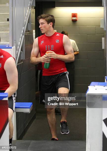 Nolan Patrick arrives for tesing during the NHL Combine at HarborCenter on June 3, 2017 in Buffalo, New York.