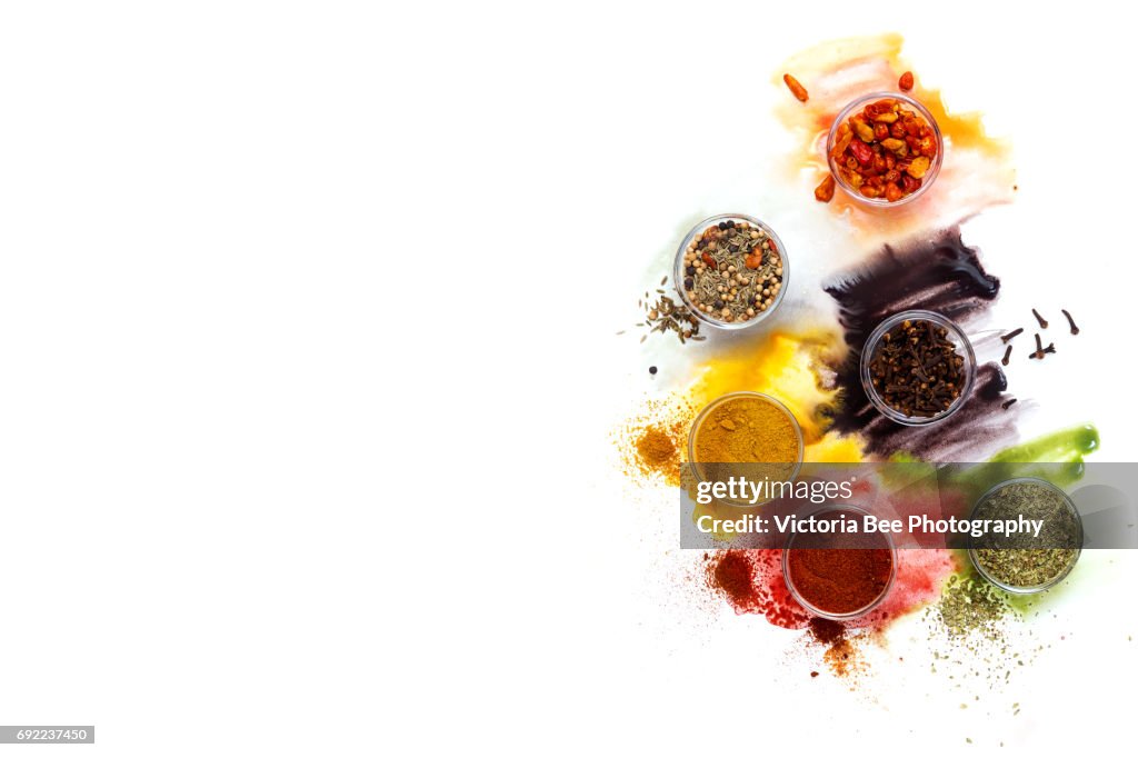 Various kinds of spices. Creative food shot with watercolor.