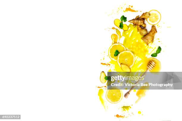 honey, lemons and ginger. creative food shot with watercolor. - honey lemon stock pictures, royalty-free photos & images