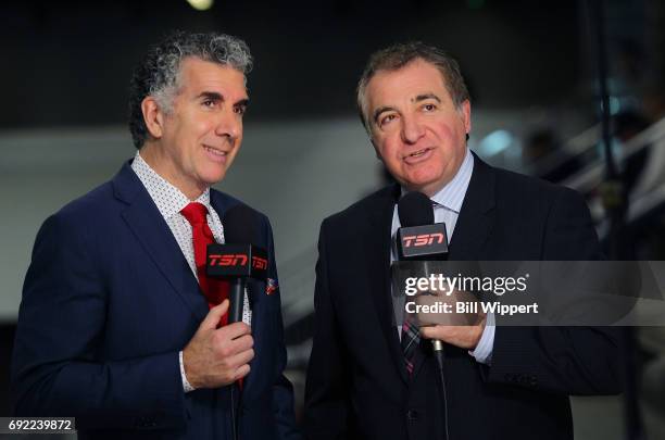 Craig Button and Gino Reda broadcast for TSN during the NHL Combine at HarborCenter on June 3, 2017 in Buffalo, New York.