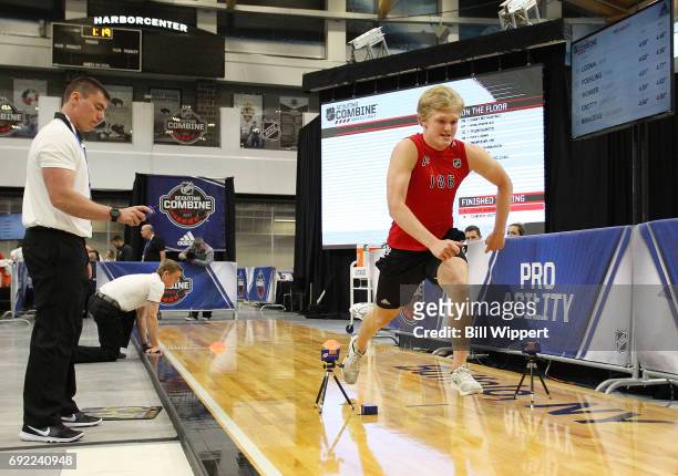 Casey Mittelstadt performs the Pro Agility test during the NHL Combine at HarborCenter on June 3, 2017 in Buffalo, New York.