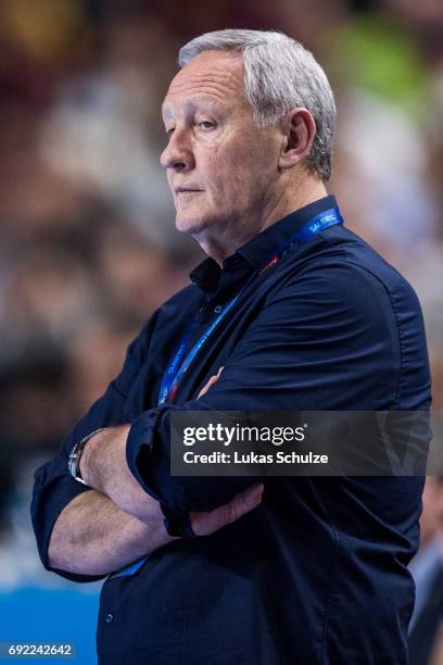 Head Coach Zvonimir Serdarusic of Paris gestures during the VELUX EHF FINAL4 Final match between Paris Saint-Germain Handball and HC Vardar at...