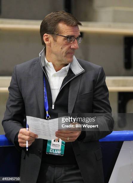 Vegas Golden Knights general manager George McPhee watches prospects during the NHL Combine at HarborCenter on June 3, 2017 in Buffalo, New York.