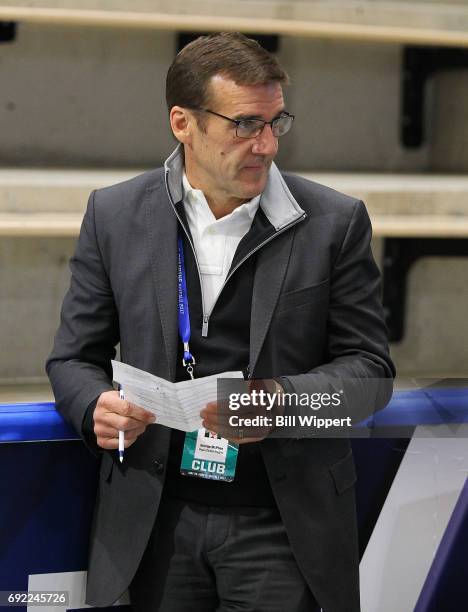 Vegas Golden Knights general manager George McPhee watches prospects during the NHL Combine at HarborCenter on June 3, 2017 in Buffalo, New York.