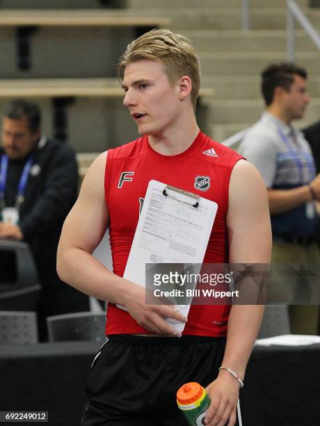 Lias Andersson takes a break during the NHL Combine at HarborCenter on June 3, 2017 in Buffalo, New York.