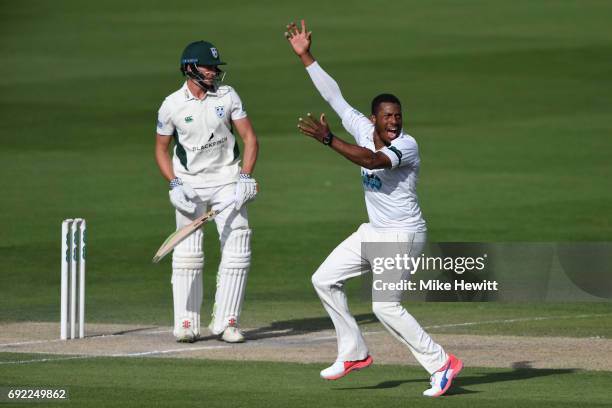 Chris Jordan of Sussex pleads unsuccessfully for a catch behind off Joe Clarke of Worcestershire during the third day of the Specsavers County...