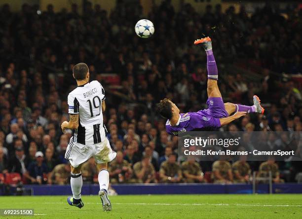 Cristiano Ronaldo of Real Madrid shoots with an overhead kick during the UEFA Champions League Final match between Juventus and Real Madrid at...