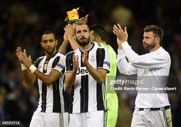 Juventus applaud their fans during the UEFA Champions League Final match between Juventus and Real Madrid at National Stadium of Wales on June 3,...