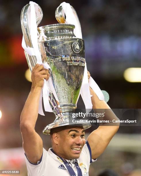 Casemiro of Real Madrid lifts the trophy during the UEFA Champions League Final match between Juventus and Real Madrid at National Stadium of Wales...