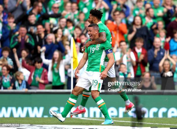 Jonathan Walters of Republic of Ireland celebrates scoring the opening goal with Cyrus Christie during the International Friendly match between...