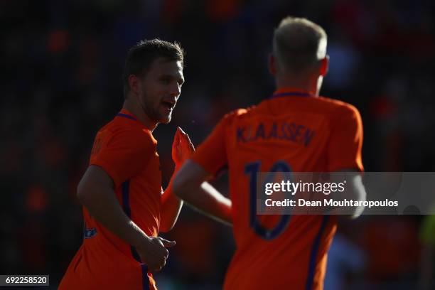Joel Veltman of the Netherlands celebrates scoring his teams first goal of the game during the International Friendly match between the Netherlands...