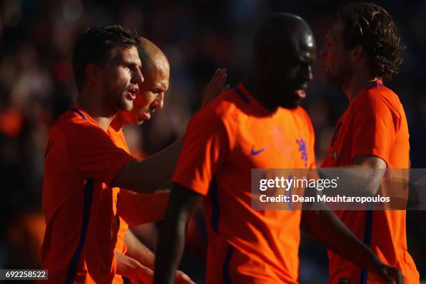 Joel Veltman of the Netherlands celebrates scoring his teams first goal of the game during the International Friendly match between the Netherlands...