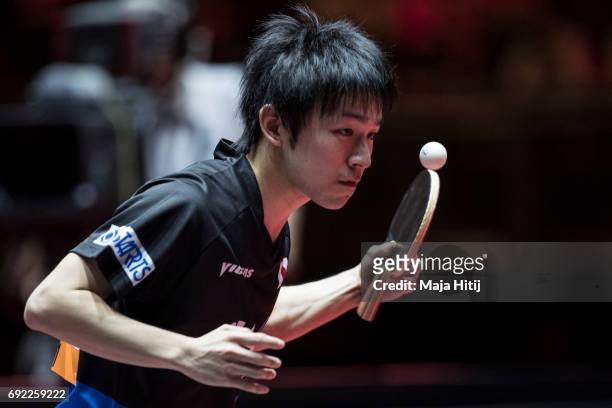 Koki Niwa of Japan in action during Men's Singles quarter Final at Table Tennis World Championship at at Messe Duesseldorf on June 4, 2017 in...