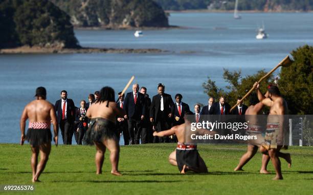 The Lions players and officals line up during the British & Irish Lions Maori Welcome at Waitangi Treaty Grounds on June 4, 2017 in Waitangi, New...