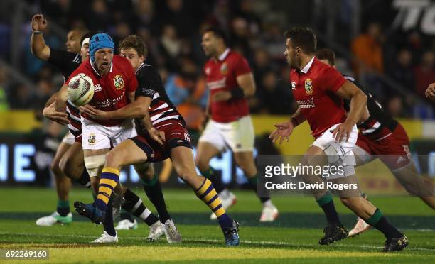 Justin Tipuric of the Lions is tackled during the match between the New Zealand Provincial Barbarians and the British & Irish Lions at Toll Stadium...
