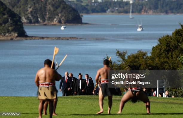 The Lions players and officals line up during the British & Irish Lions Maori Welcome at Waitangi Treaty Grounds on June 4, 2017 in Waitangi, New...