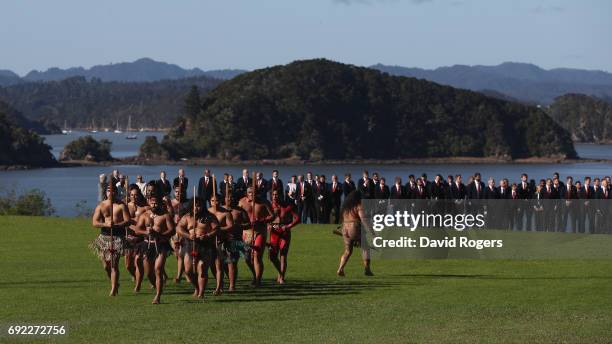 The Lions players and officals line up during the British & Irish Lions Maori Welcome at Waitangi Treaty Grounds on June 4, 2017 in Waitangi, New...