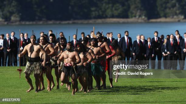 The Lions players and officals line up during the British & Irish Lions Maori Welcome at Waitangi Treaty Grounds on June 4, 2017 in Waitangi, New...