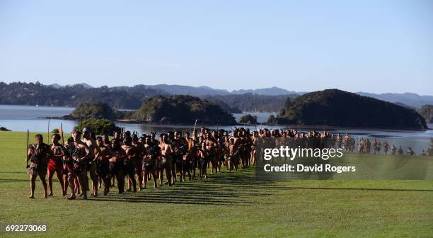 Maoris arrive to welcome the Lions during the British & Irish Lions Maori Welcome at Waitangi Treaty Grounds on June 4, 2017 in Waitangi, New Zealand.