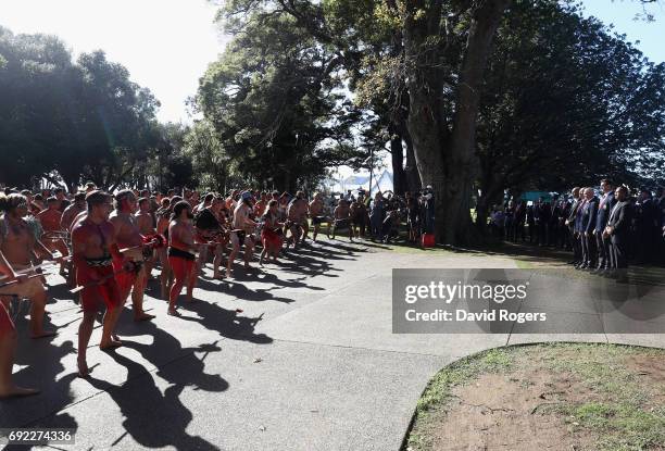 Maori warriors welcome the British & Irish Lions squad during the Maori Welcome at Waitangi Treaty Grounds on June 4, 2017 in Waitangi, New Zealand.