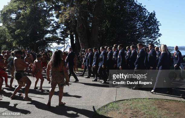 Maori warriors welcome the British & Irish Lions squad during the Maori Welcome at Waitangi Treaty Grounds on June 4, 2017 in Waitangi, New Zealand.