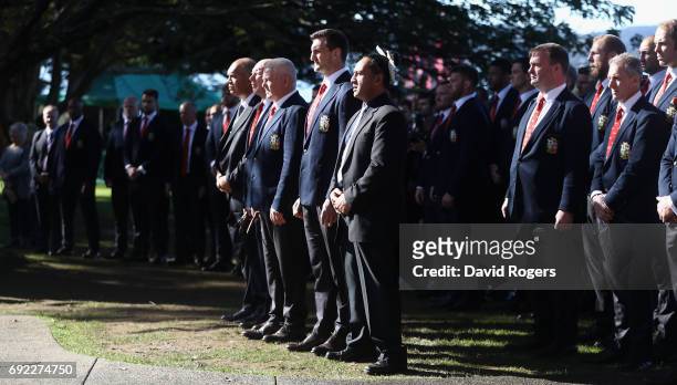 Sam Warburton, the Lions captain and head coach Warren Gatland line up during the British & Irish Lions Maori Welcome at Waitangi Treaty Grounds on...