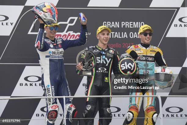 Fabio Di Giannantonio of Italy and Del Conca Gresini Moto3 , Andrea Migno of Italy and Sky Racing Team VR46 and Juanfran Guevara of Spain and RBA BOE...