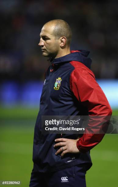 Steve Borthwick, the Lions forwards coach looks on during the match between the New Zealand Provincial Barbarians and the British & Irish Lions at...