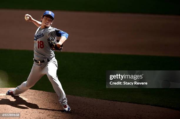 Kenta Maeda of the Los Angeles Dodgers throws a pitch during the fourth inning of a game against the Milwaukee Brewers at Miller Park on June 4, 2017...