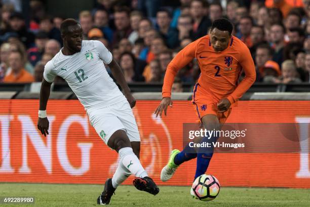 Diomande Ismael of Ivory Coast, Kenny Tete of The Netherlandsduring the friendly match between The Netherlands and Ivory Coast at the Kuip on June 4,...