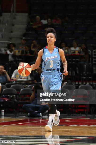 Brianna Kiesel of the Atlanta Dream brings the ball up court against the Washington Mystics on June 4, 2017 at Verizon Center in Washington, DC. NOTE...