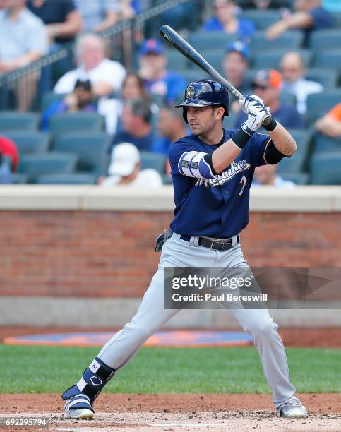 Nick Franklin of the Milwaukee Brewers bats during an MLB baseball game against the New York Mets on June 1, 2017 at CitiField in the Queens borough...