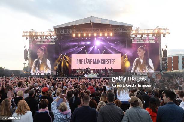 Free for editorial use. In this handout provided by 'One Love Manchester' benefit concert Ariana Grande performs on stage on June 4, 2017 in...