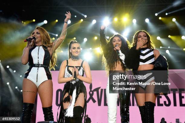 Little Mix perform on stage during the One Love Manchester Benefit Concert at Old Trafford Cricket Ground on June 4, 2017 in Manchester, England.