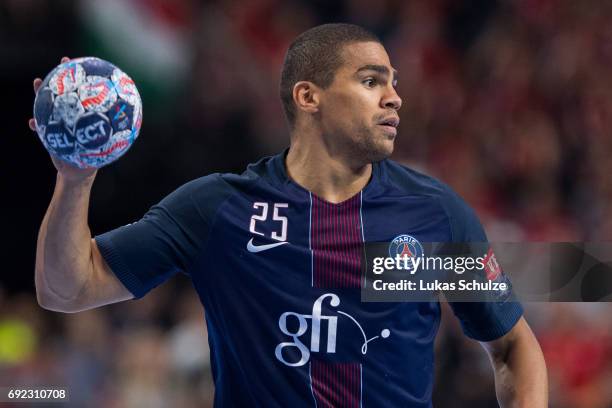 Daniel Narcisse of Paris holds the ball during the VELUX EHF FINAL4 Final match between Paris Saint-Germain Handball and HC Vardar at Lanxess Arena...