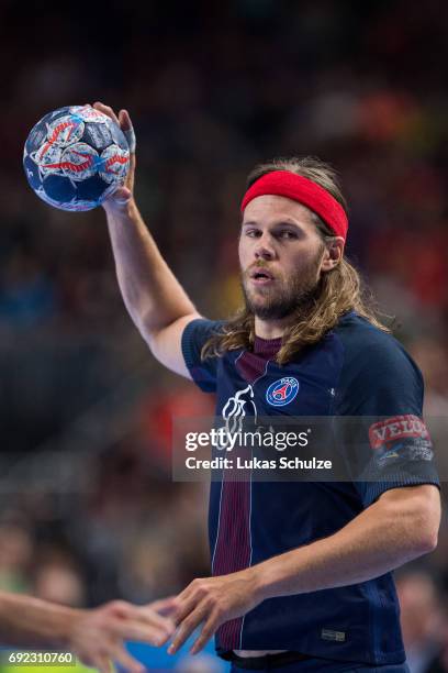 Mikkel Hansen of Paris holds the ball during the VELUX EHF FINAL4 Final match between Paris Saint-Germain Handball and HC Vardar at Lanxess Arena on...