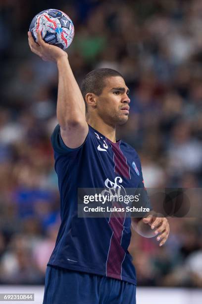 Daniel Narcisse of Paris holds the ball during the VELUX EHF FINAL4 Final match between Paris Saint-Germain Handball and HC Vardar at Lanxess Arena...