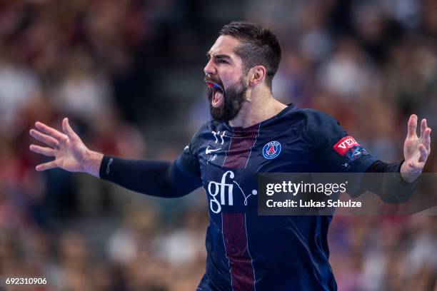 Nikola Karabatic of Paris reacts during the VELUX EHF FINAL4 Final match between Paris Saint-Germain Handball and HC Vardar at Lanxess Arena on June...