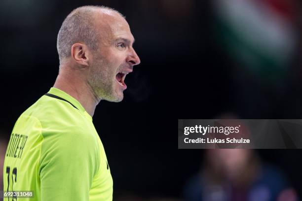 Goalkeeper Thierry Omeyer of Paris reacts during the VELUX EHF FINAL4 Final match between Paris Saint-Germain Handball and HC Vardar at Lanxess Arena...