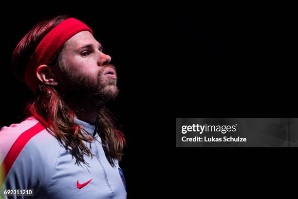 Mikkel Hansen of Paris looks on prior to the VELUX EHF FINAL4 Final match between Paris Saint-Germain Handball and HC Vardar at Lanxess Arena on June...