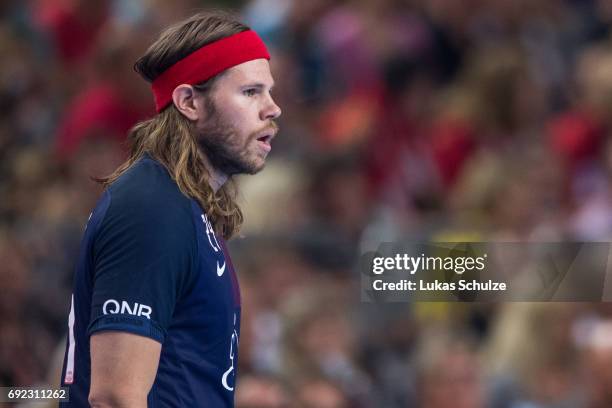 Mikkel Hansen of Paris looks on during the VELUX EHF FINAL4 Final match between Paris Saint-Germain Handball and HC Vardar at Lanxess Arena on June...