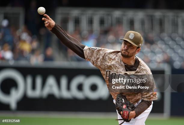 Jarred Cosart of the San Diego Padres pitches during the first inning of a baseball game against the Colorado Rockies at PETCO Park on June 4, 2017...