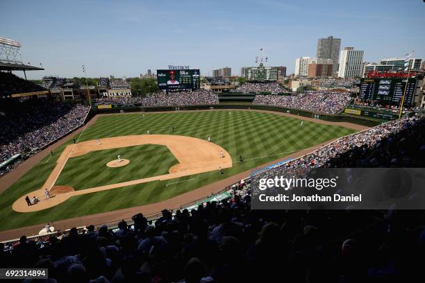 General view as the Chicago Cubs take on the St. Louis Cardinals at Wrigley Field on June 2, 2017 in Chicago, Illinois. The Cubs defeated the...