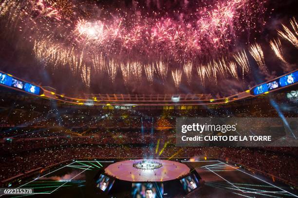 Fireworks explode during a celebration event held at the Santiago Bernabeu stadium after the team won the the UEFA Champions League football match...