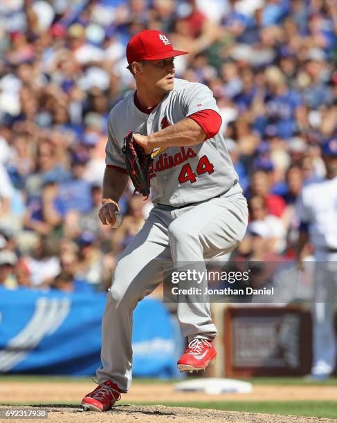 Trevor Rosenthal of the St. Louis Cardinals pitches against the Chicago Cubs at Wrigley Field on June 2, 2017 in Chicago, Illinois. The Cubs defeated...