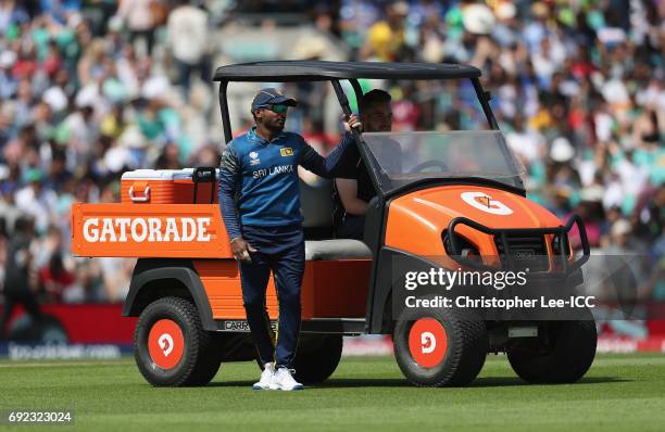 Kusal Perera of Sri Lanka takes a ride in the Gatorade Drinks cart during the ICC Champions Trophy Group B match between Sri Lanka and South Africa...