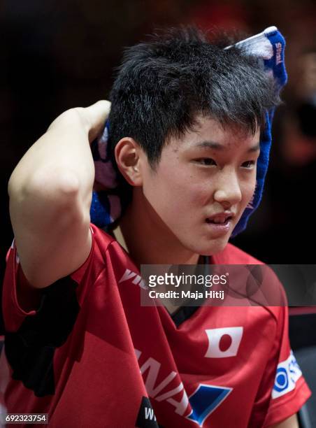 Tomokazu Harimoto of Japan reacts after Men's Singles quarter Final at Table Tennis World Championship at at Messe Duesseldorf on June 4, 2017 in...