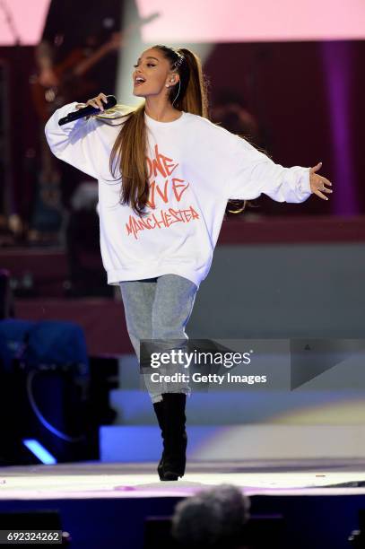 Free for editorial use. In this handout provided by 'One Love Manchester' benefit concert Ariana Grande performs on stage on June 4, 2017 in...