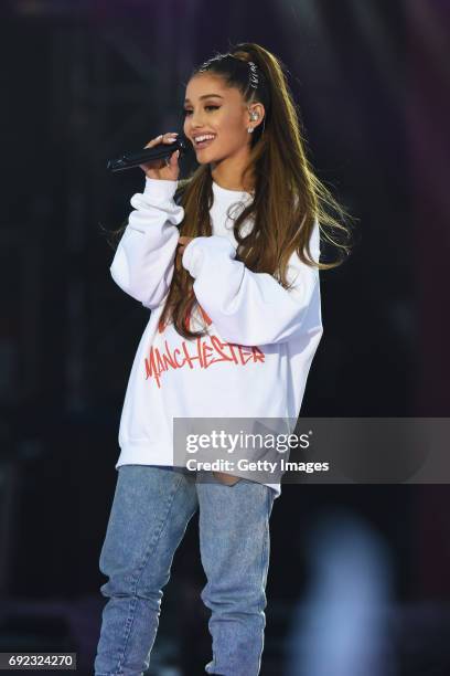 Free for editorial use. In this handout provided by 'One Love Manchester' benefit concert Ariana Grande performs on stage on June 4, 2017 in...