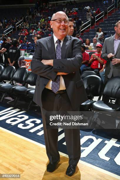 Mike Thibault of the Washington Mystics looks on before the game against the Chicago Sky on May 26, 2017 at the Verizon Center in Washington, DC....